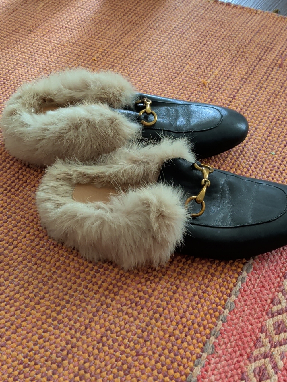 Black Leather Fur-Lined Mule with Gold Horsebit